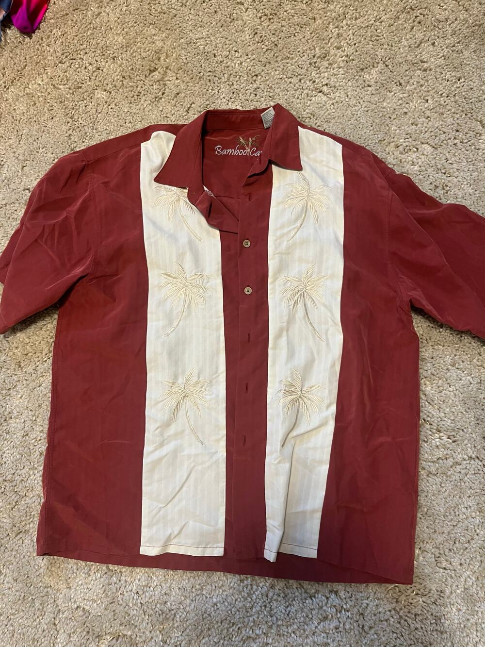 Bamboo Cay red short sleeve button-up shirt with embroidered palm tree panels, s